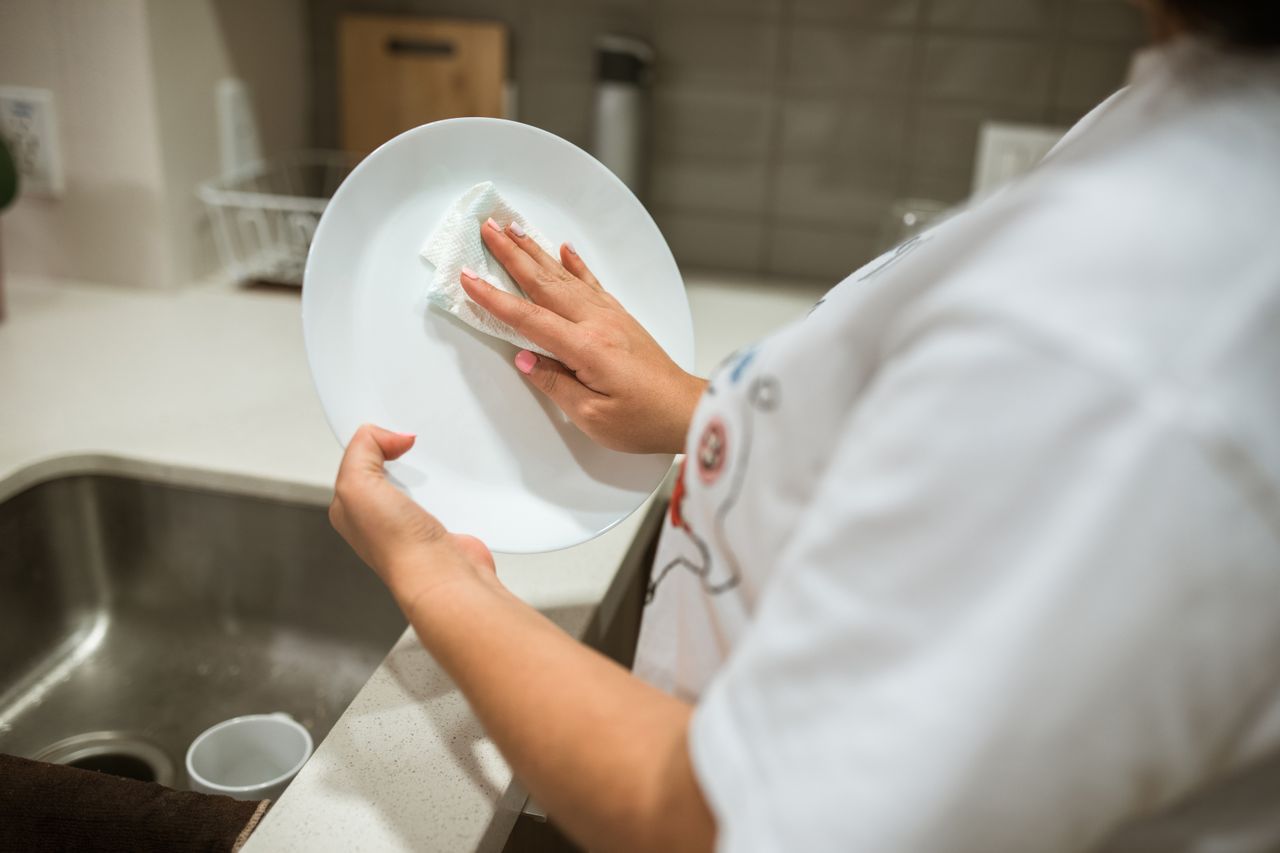 gallery-05 A person cleaning a ceramic plate by hand in a modern kitchen setting.